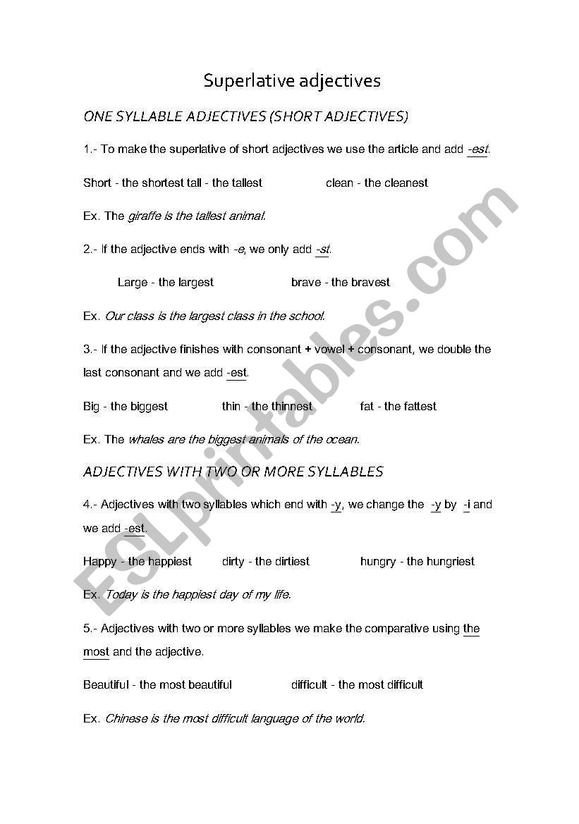 Superlative adjectives worksheet