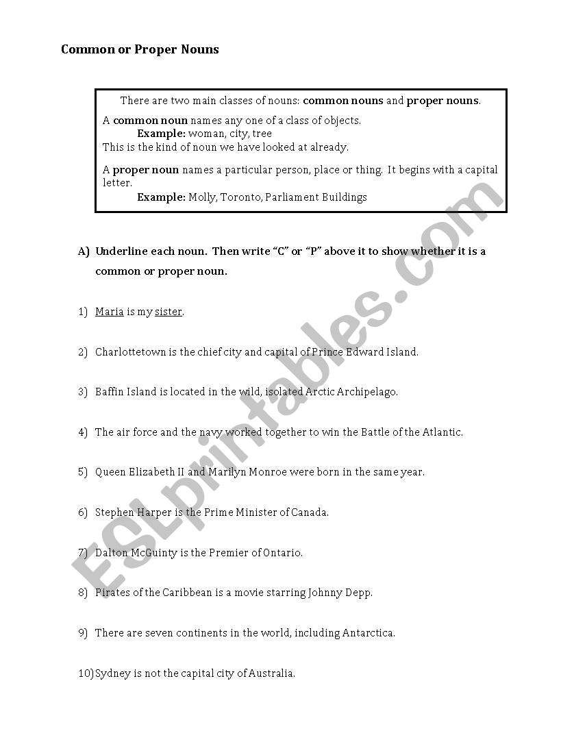 Common or Proper Nouns worksheet