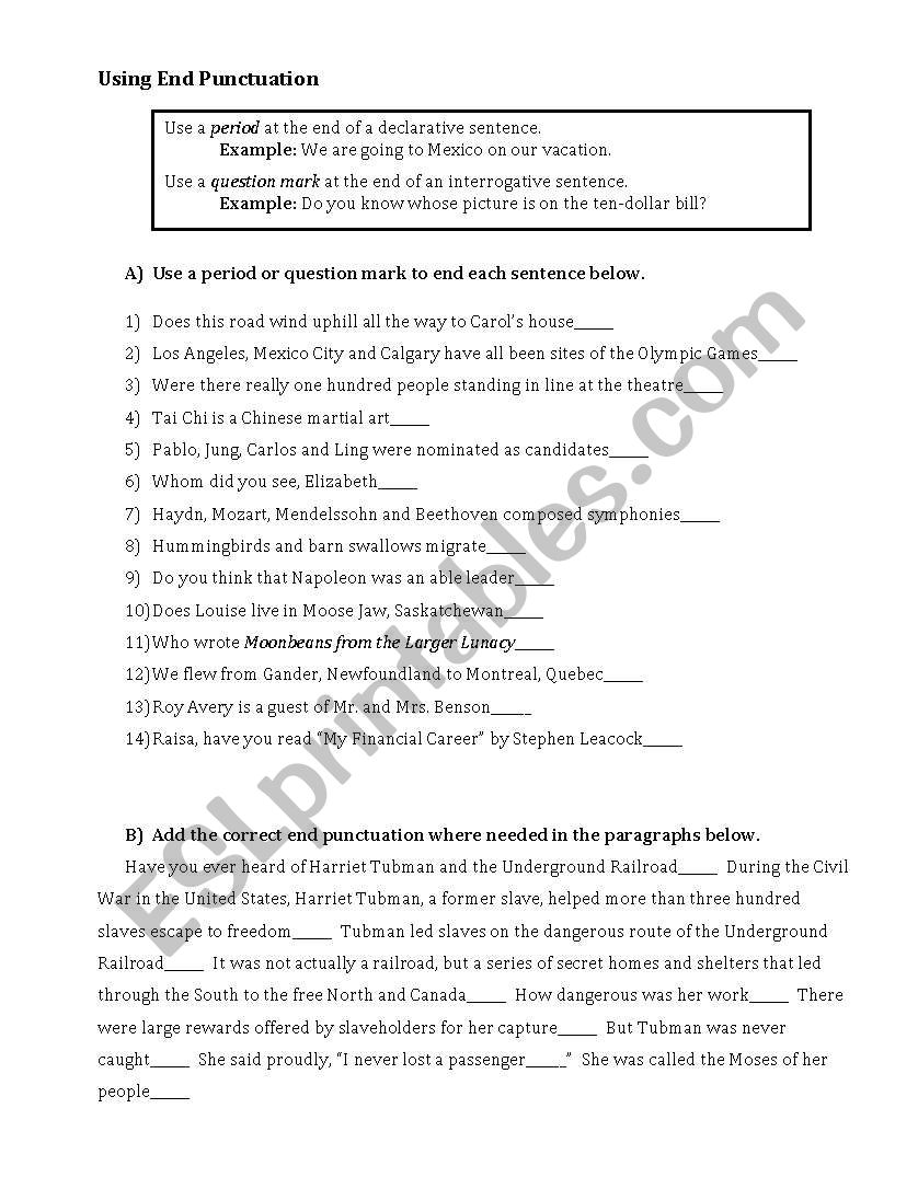 Using End Punctuation worksheet