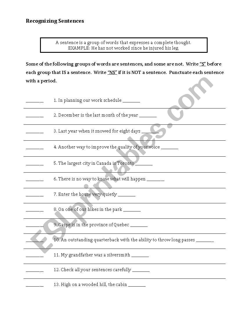 Recognizing Sentences worksheet