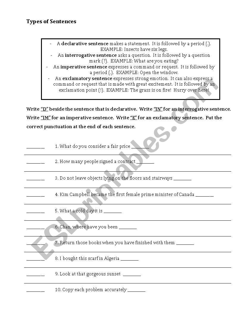 Types of Sentences worksheet