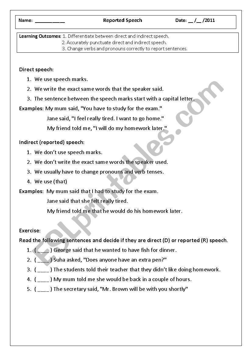 Reported Speech worksheet