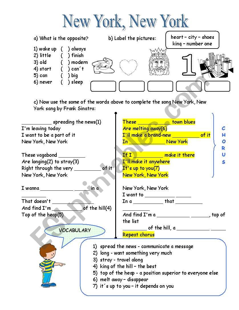 New York, New York song with exercises, vocabulary and answer key