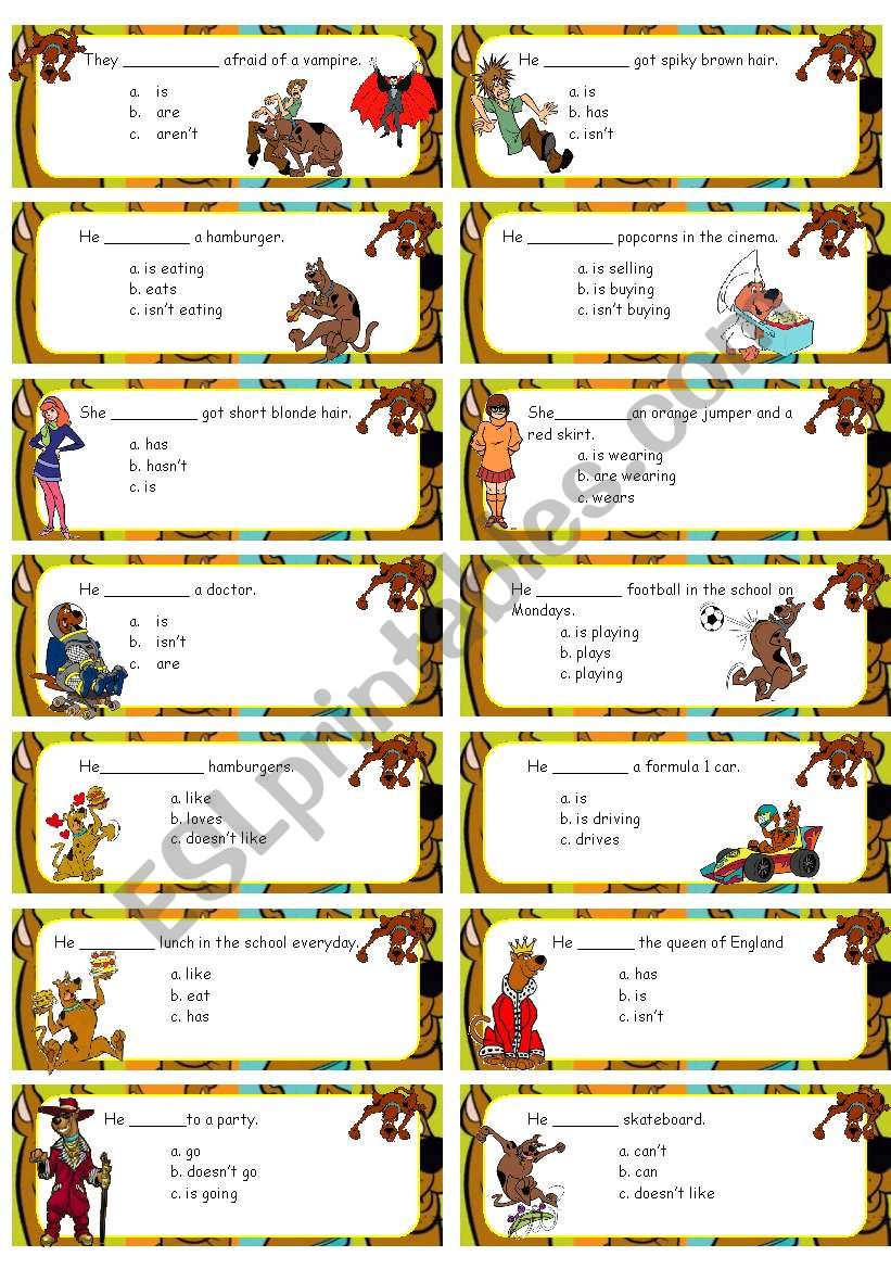 Scooby-doo cards multiple choice with Present simple & continuous