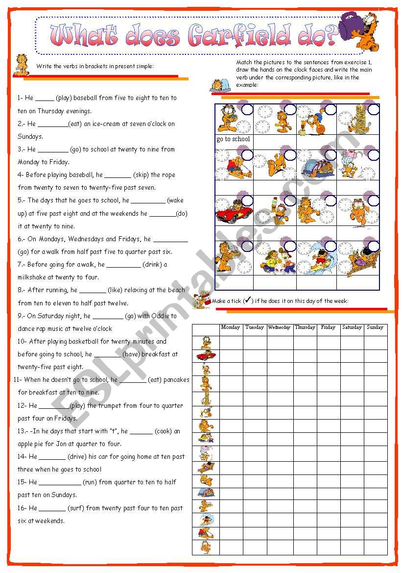 Present simple with Garfield activities, time and days of the week