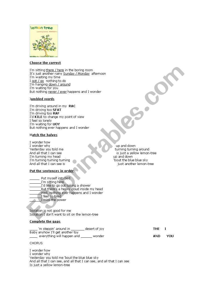 LEMON TREE - SONG worksheet