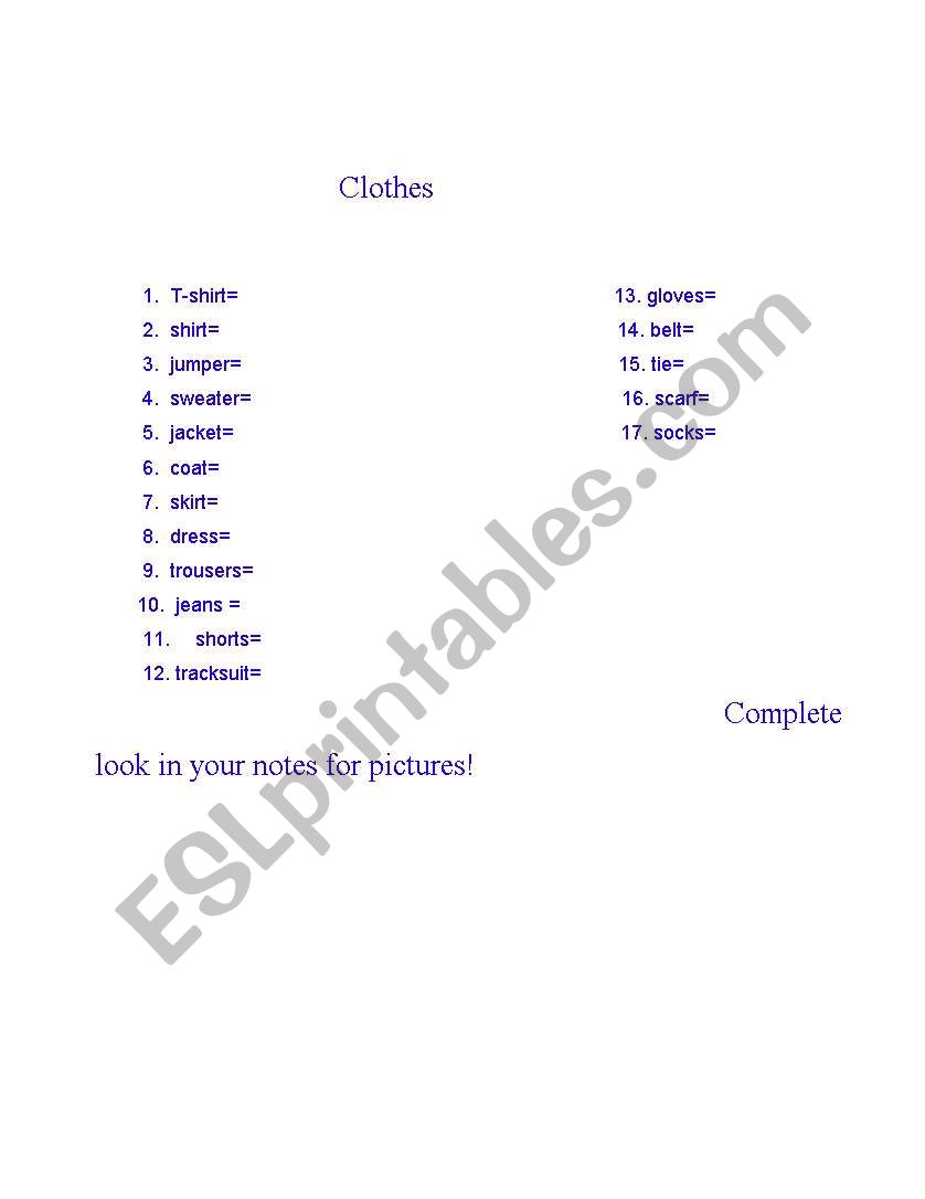 Clothes worksheet