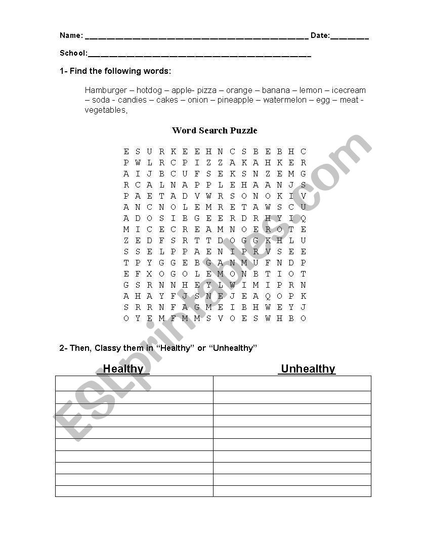 FAST FOOD vs HEALTHY FOOD worksheet