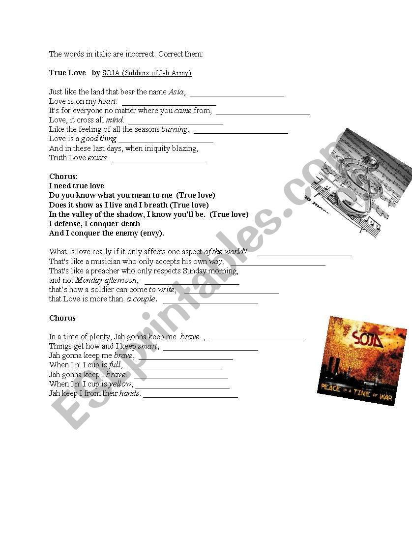 True Love by SOja worksheet