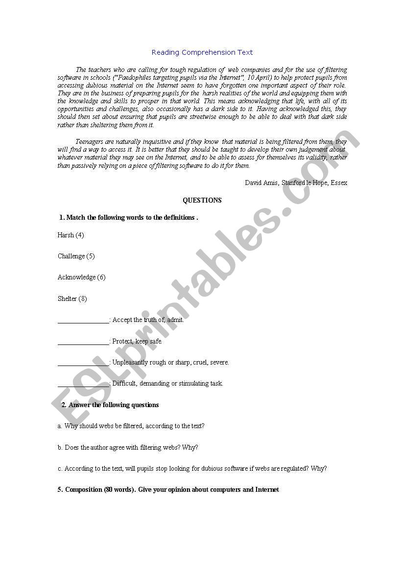 reading comprehension worksheet