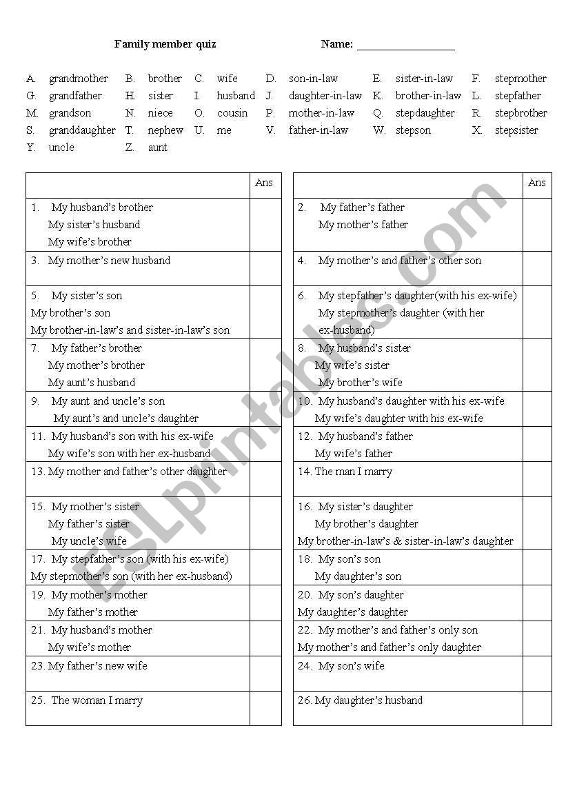 Family Members Quiz worksheet