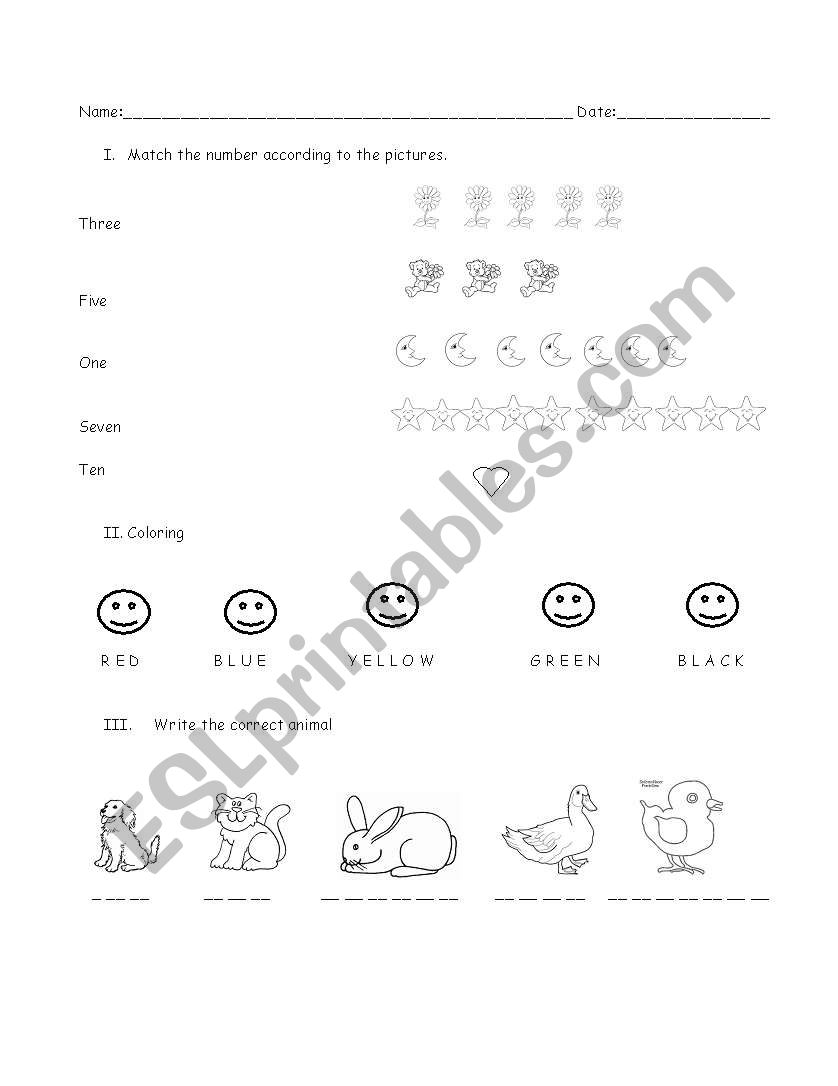 quiz about numbers, colors and animals