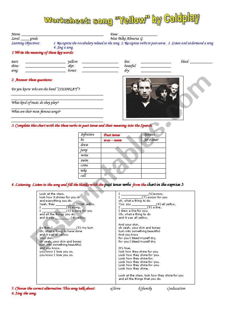 worksheet song: Yellow by Coldplay