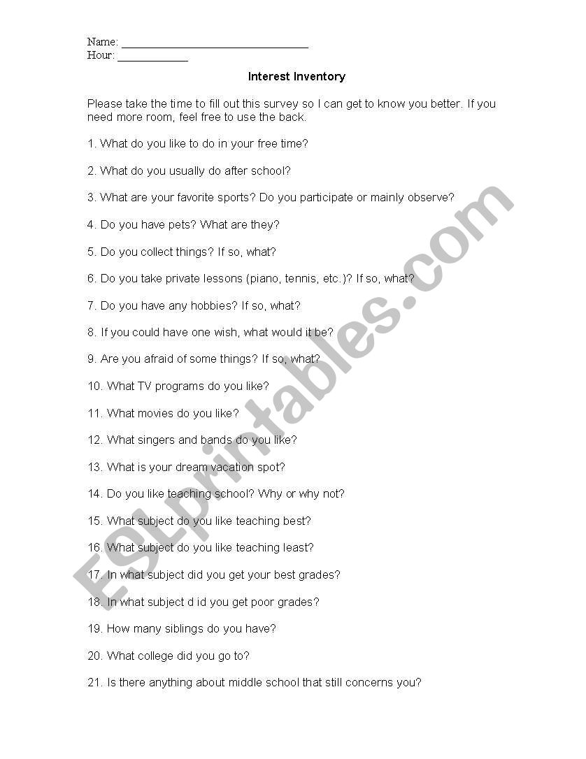 Student Interest Inventory worksheet