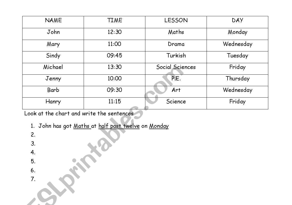 timetable worksheet