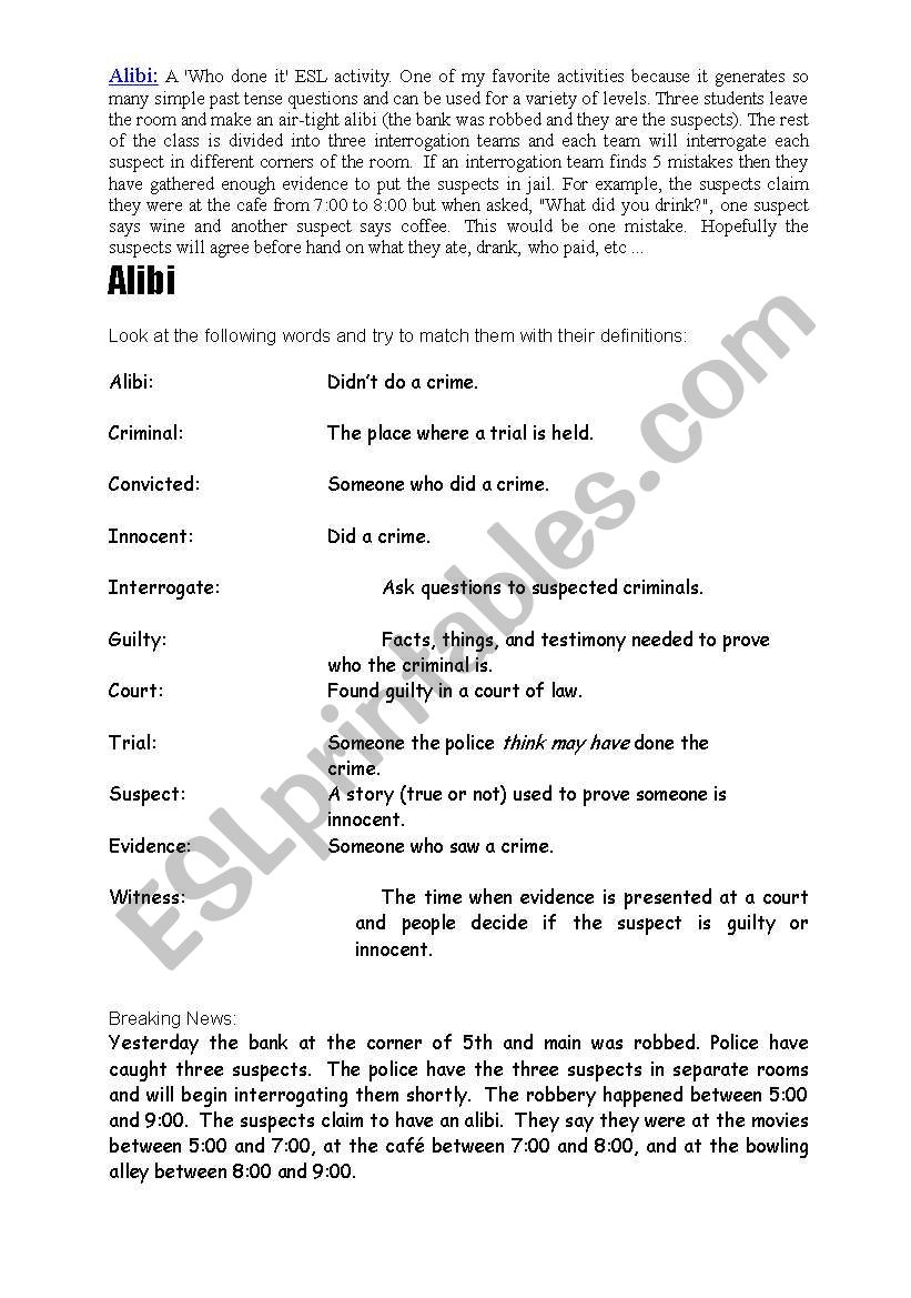 Alibi worksheet