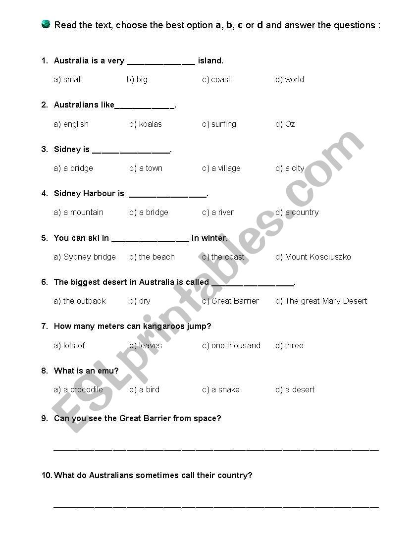 Unit 6 -Australia worksheet