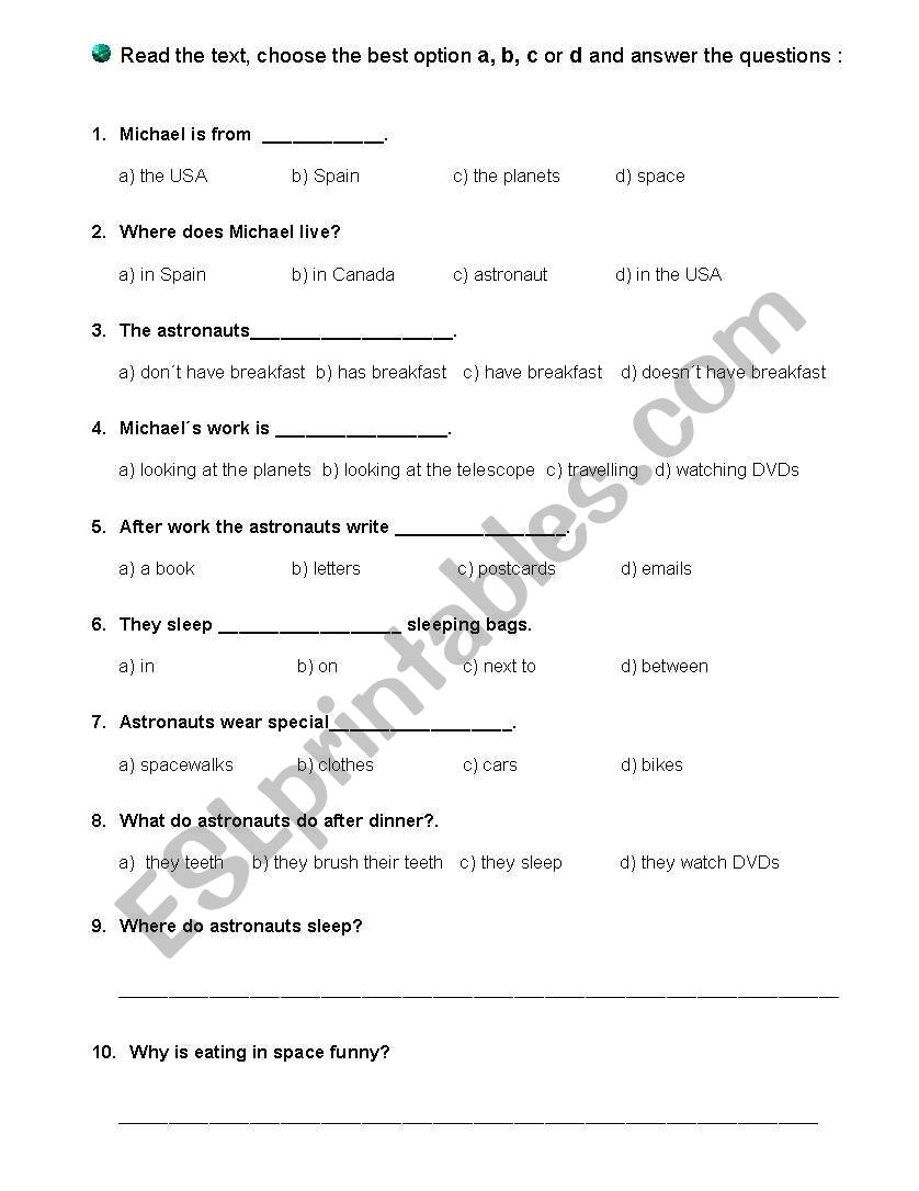 Reading Life in Space worksheet