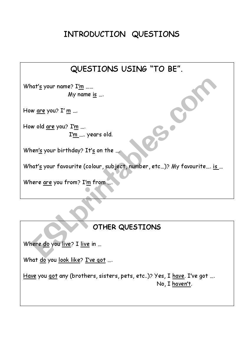 Introduction questions. worksheet