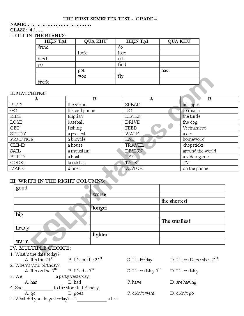 grade 4 test worksheet