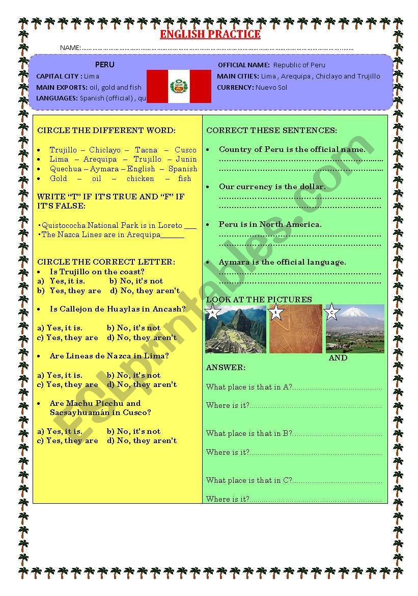 TOURIST PLACES IN PERU worksheet