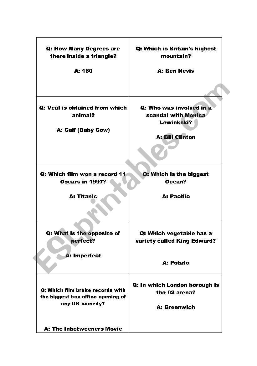 General Knowledge quiz cards worksheet