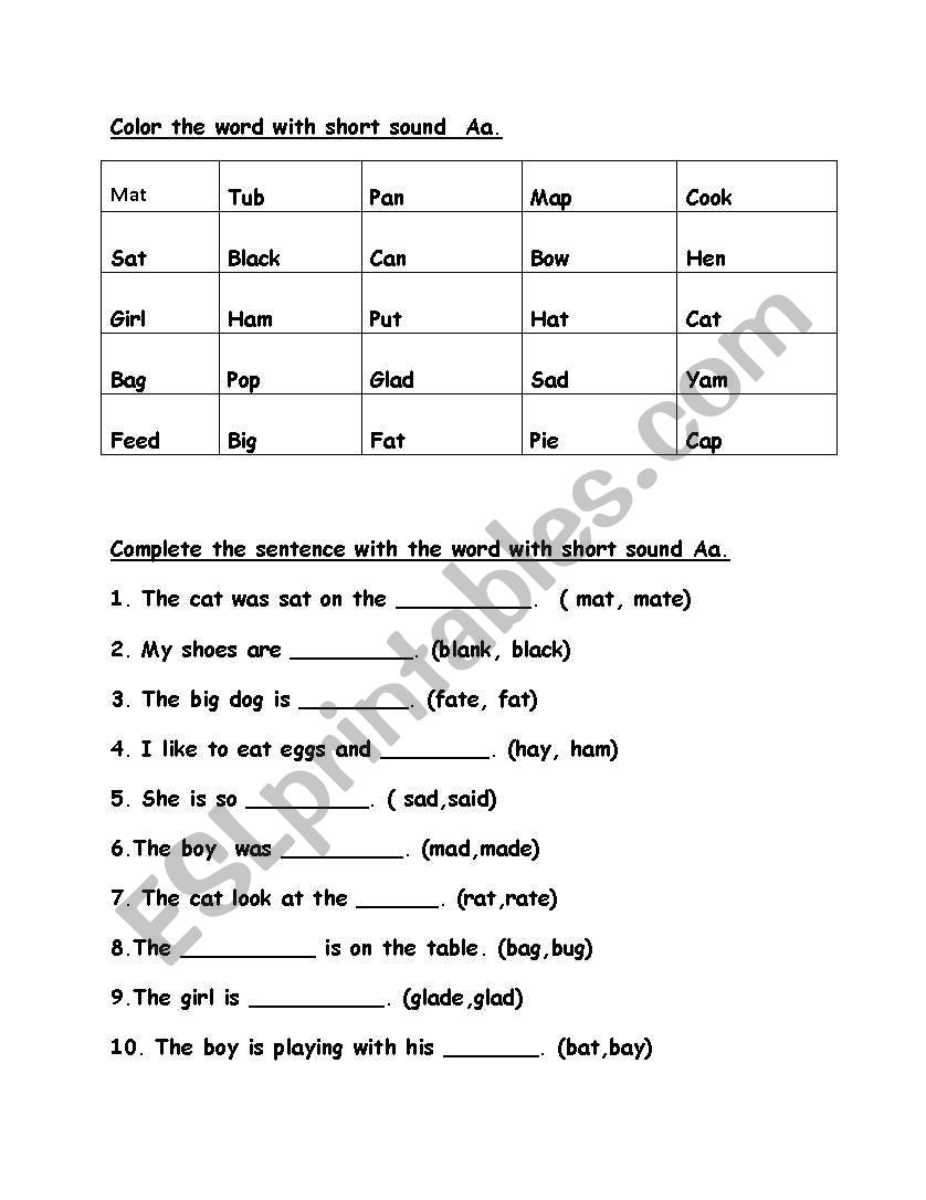 Short Sound Aa worksheet