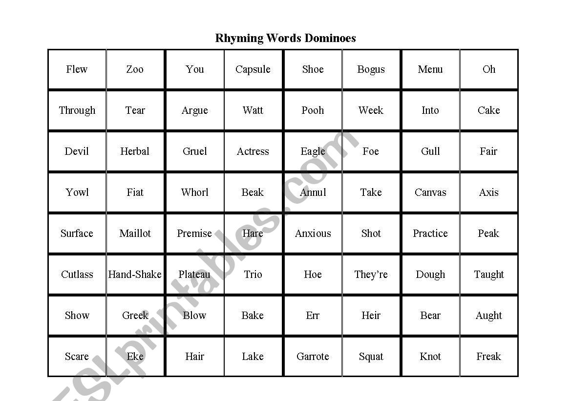 Rhyming words Dominoes worksheet