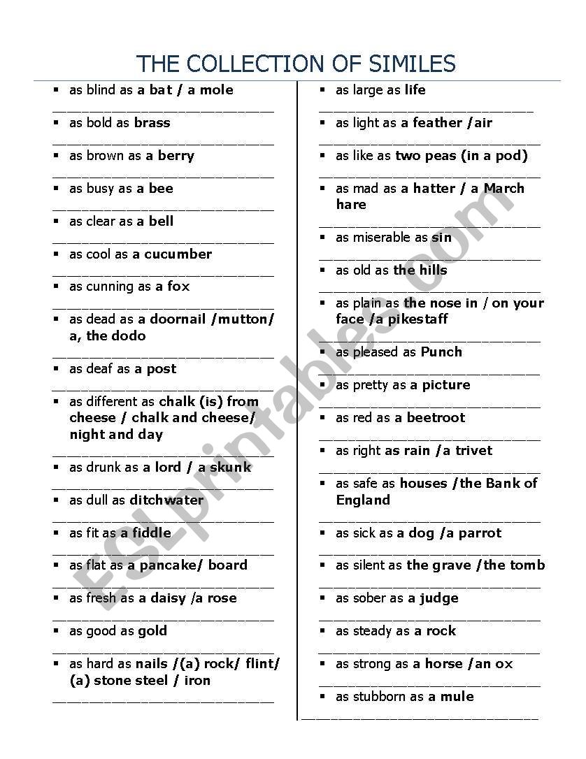 similes worksheet