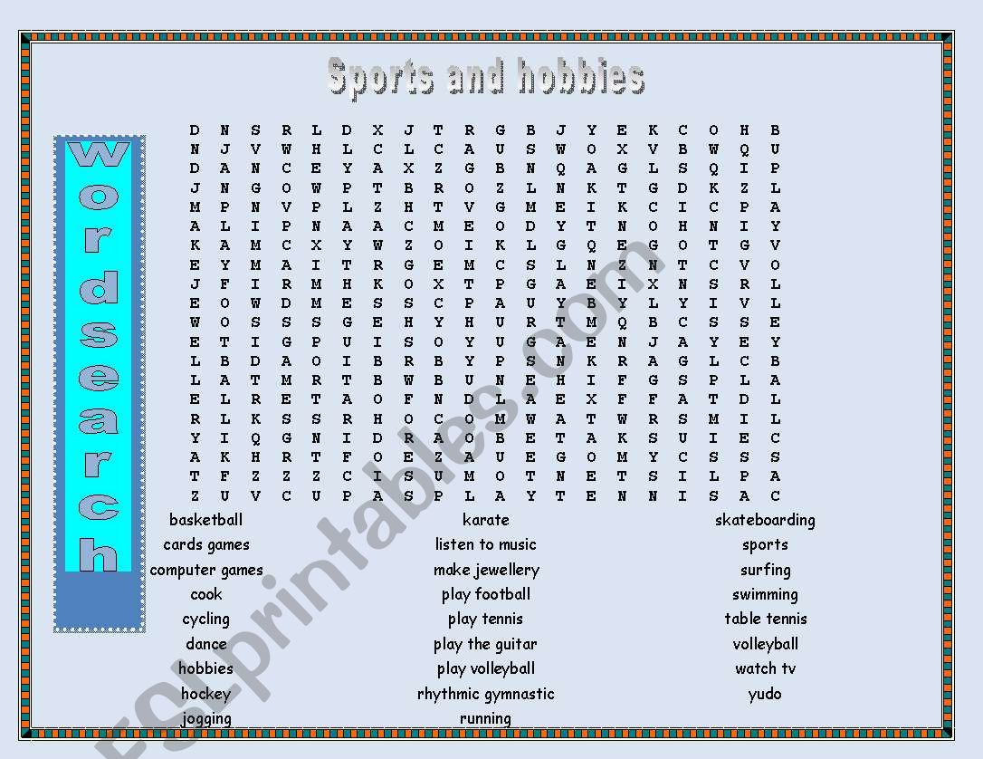 wordsearch hobbies and sports worksheet