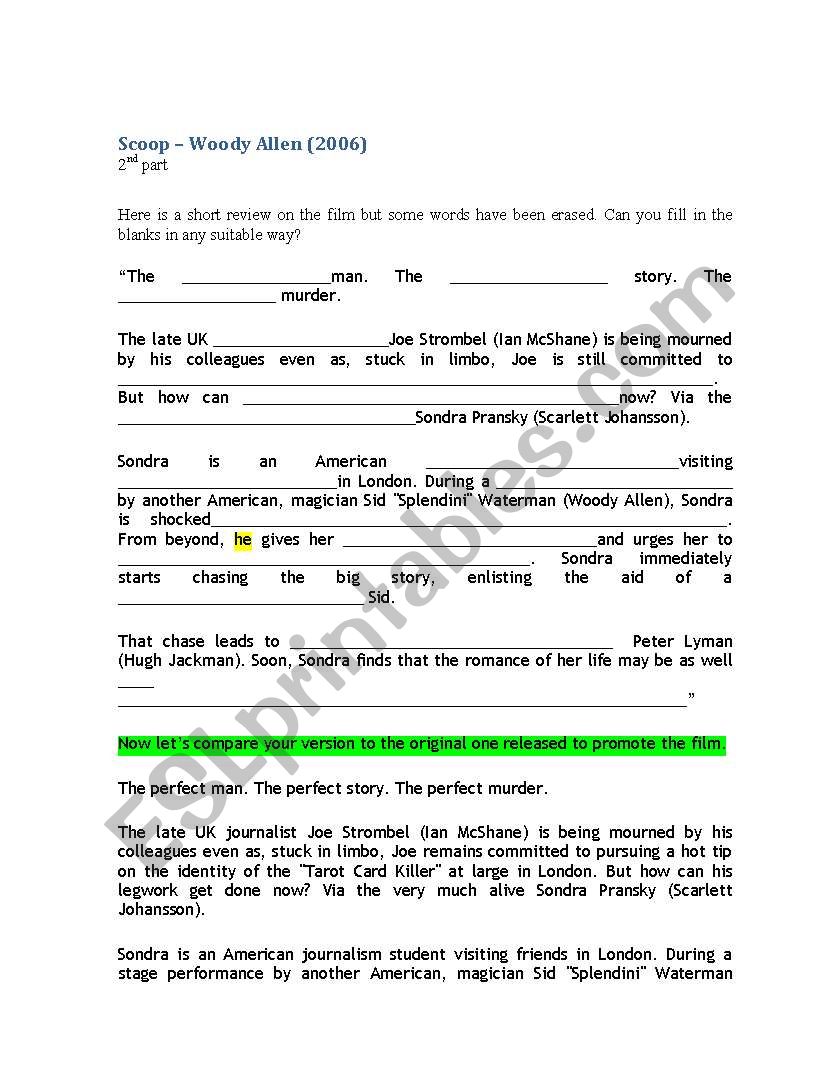 Scoop by Woody Allen worksheet