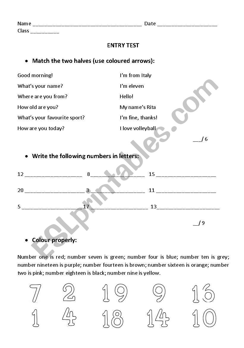 ENTRY TEST worksheet