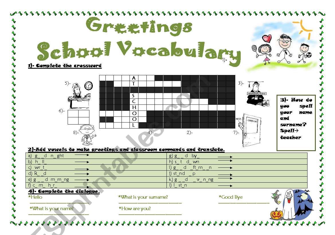 School vocabulary, greetings, the alphabet