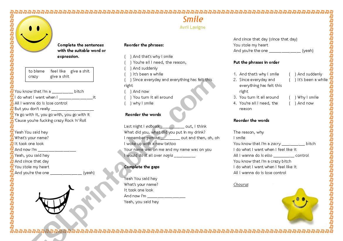 Avril Lavigne Smile worksheet