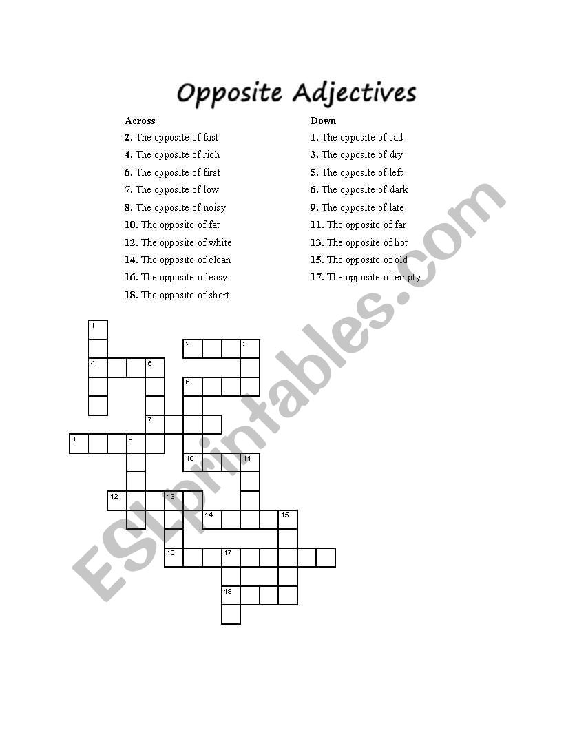 oPPOSITE aDJECTIVES cROSSWORD worksheet