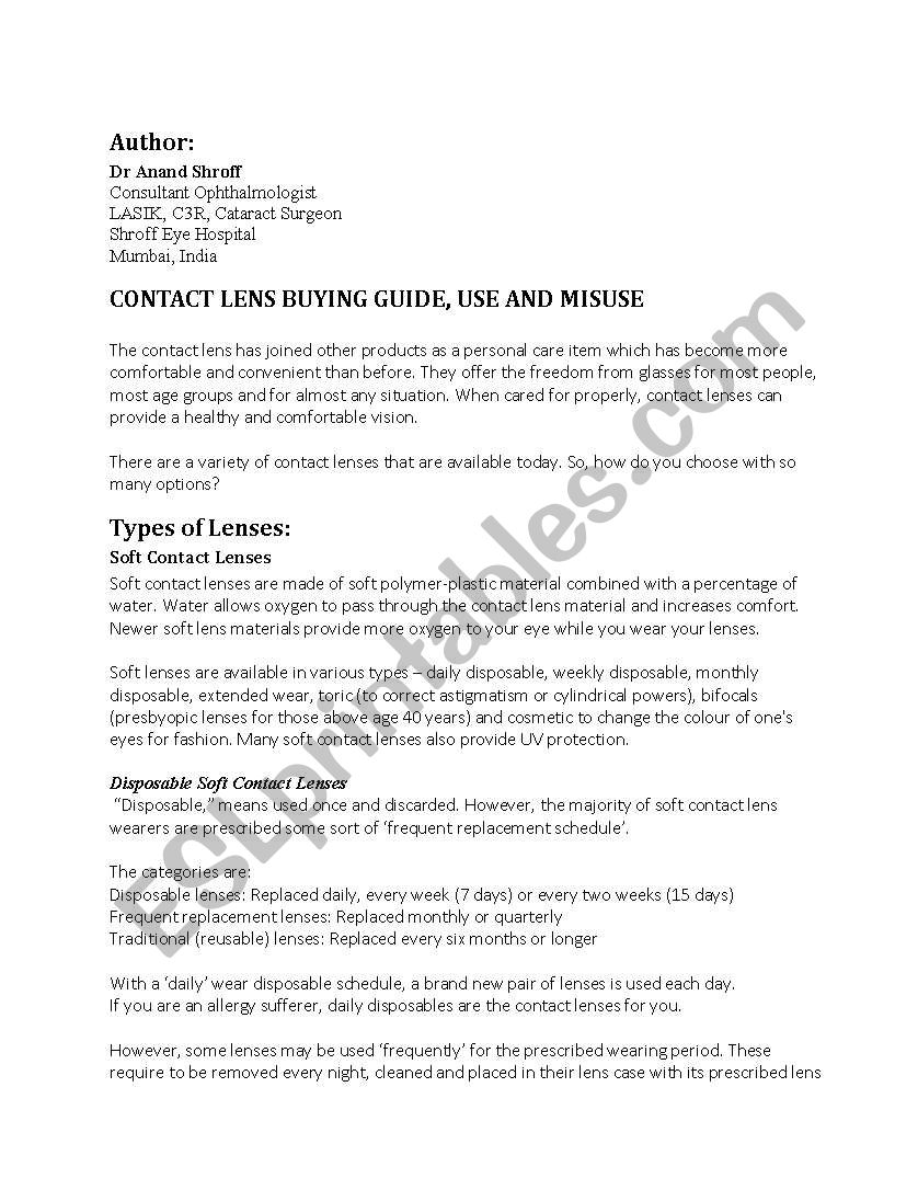 Contact Lens Use and Misuse worksheet