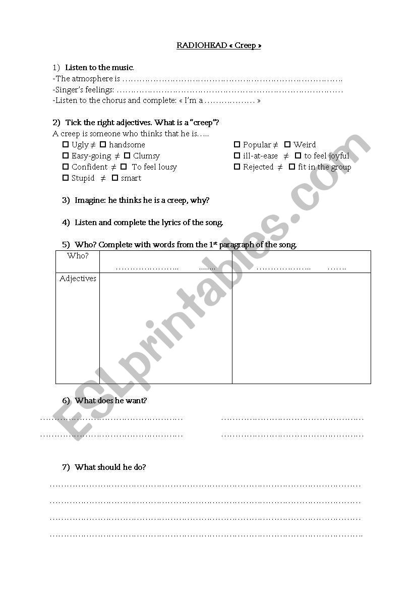 creep - radiohead song worksheet