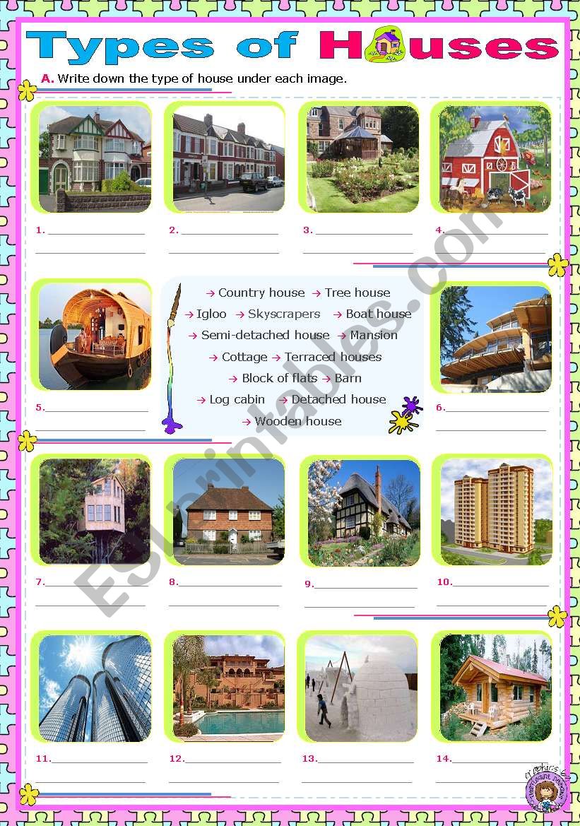 Types of Houses  -  Matching worksheet