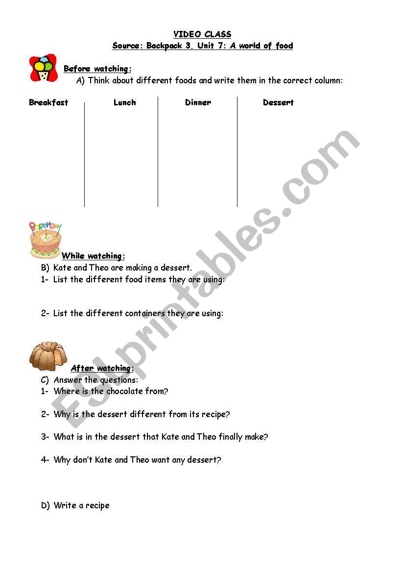 VIDEO CLASS ABOUT FOOD worksheet
