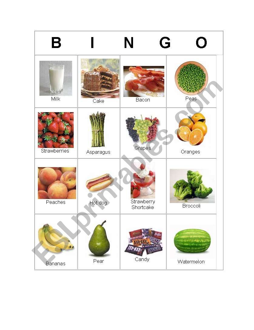 Bingo food worksheet