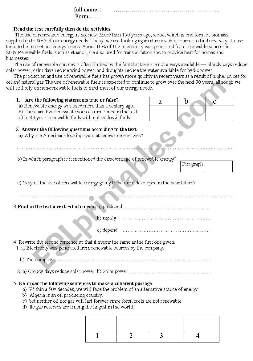 Renewable Energy worksheet