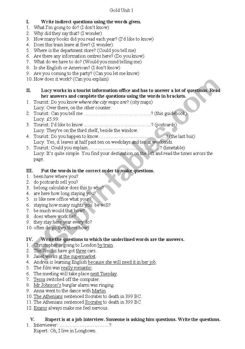 Grammar test of questions worksheet