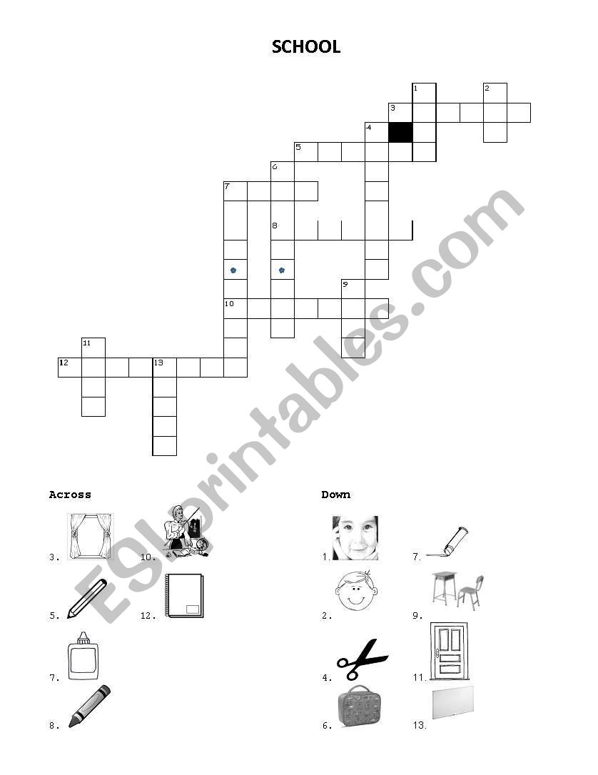 Cross Word School items worksheet