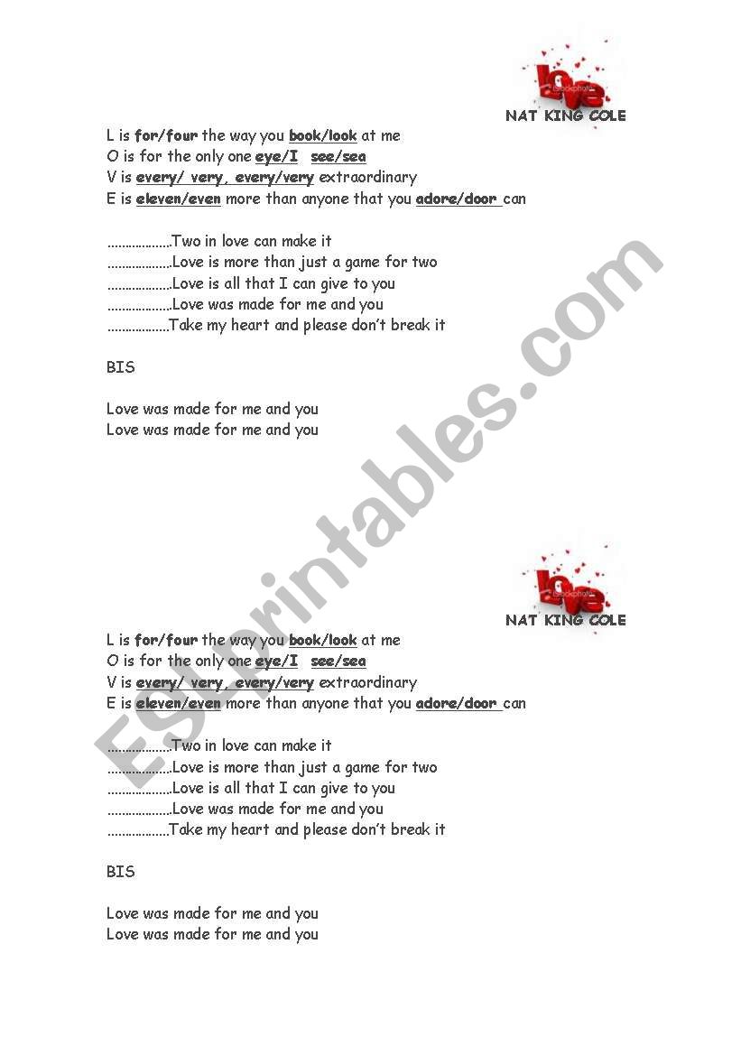 love by nat king cole worksheet