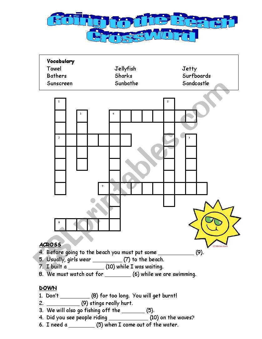 Going tothe beach crossword worksheet