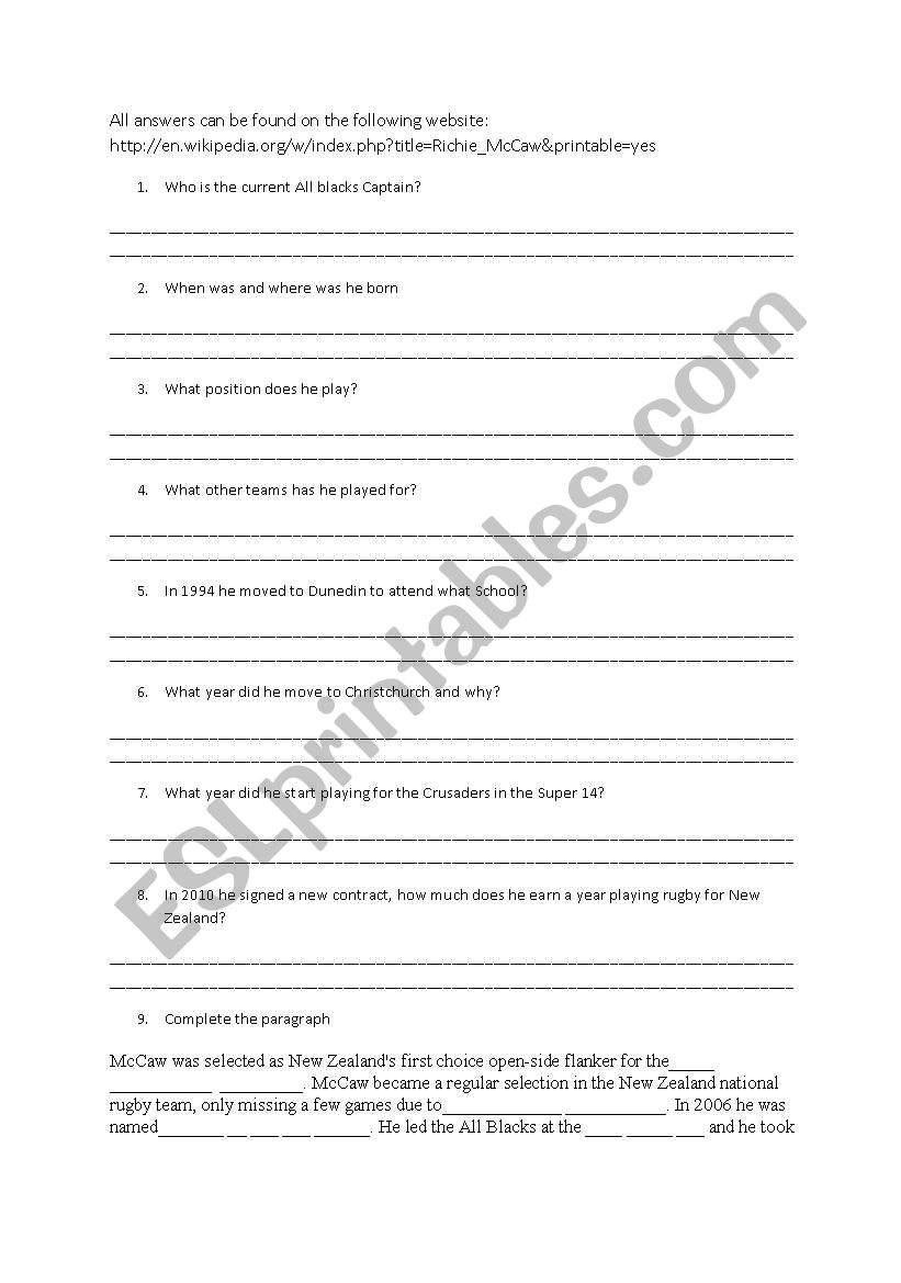 The all Blacks captain worksheet