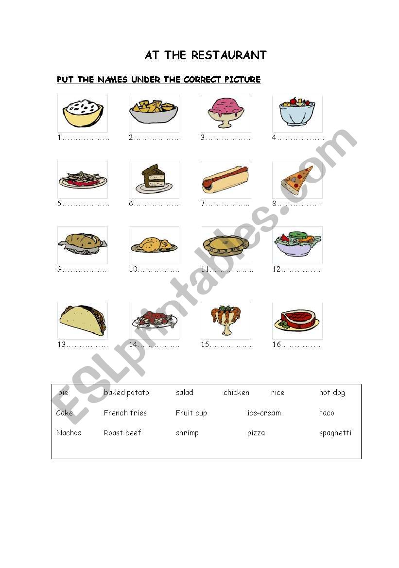 restaurant vocabulary worksheet