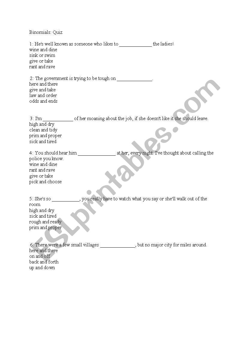 Binomials exercise worksheet