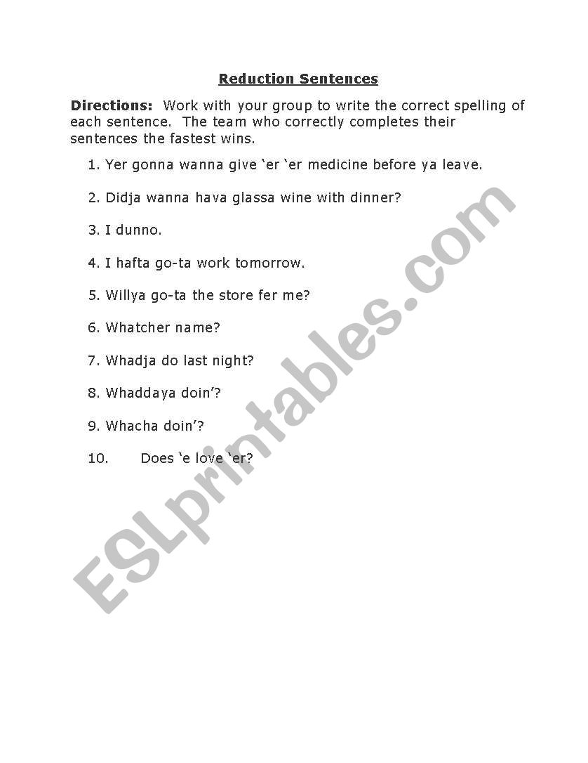 Reductions worksheet