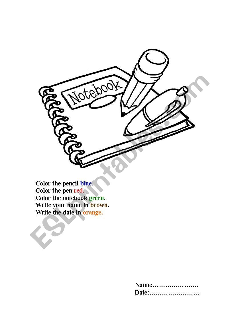 COLOR THE SCHOOL SUPPLIES worksheet